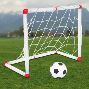 Kleines Fußballtor mit Netz auf grünem Rasen und einem Ball davor.