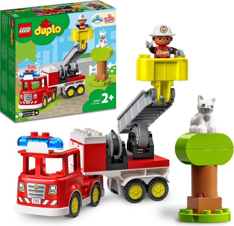 LEGO Duplo Feuerwehrauto-Spielset mit Figur, Fahrzeug und Baum.