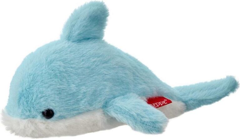 Blaues Delphin-Stofftier aus Plüsch mit Flossen und schwarzem Auge.