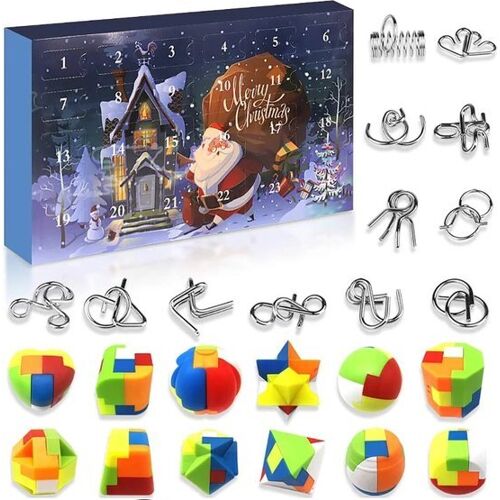 Adventskalender mit weihnachtlichem Motiv, umgeben von bunten Puzzles und Metallknobelspielen. Adventskalender mit weihnachtlichem Motiv, umgeben von bunten Puzzles und Metallknobelspielen.