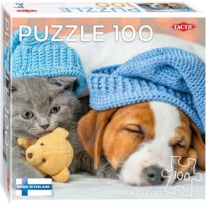 Puzzleverpackung mit schlafendem Welpen und Kätzchen in blauen Mützen neben einem Plüschbären.