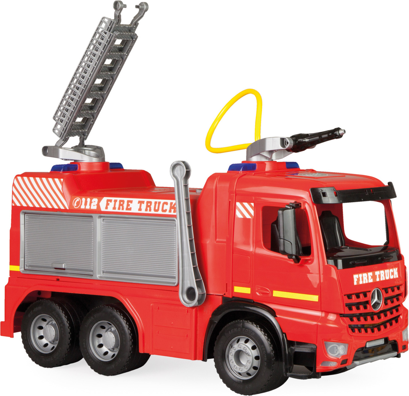 Rotes Feuerwehrauto-Spielzeug mit Leiter und Wasserschlauch.