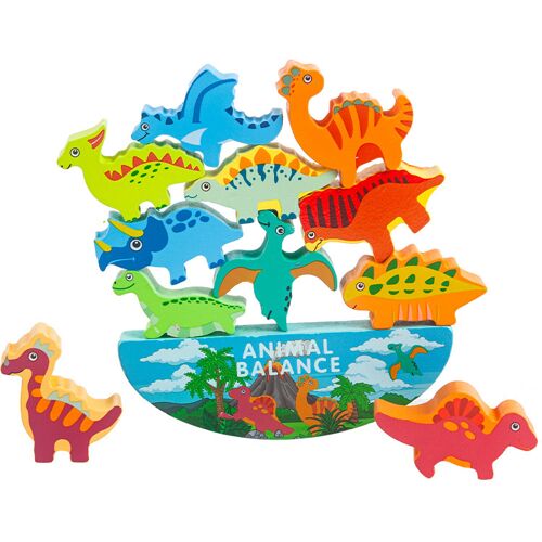 Buntes Holz-Balancierspiel mit Dinosaurierfiguren auf halbrunder Basis.