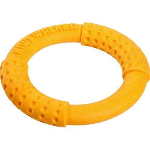 Gelber Gummiring mit Noppen, geeignet als Hundespielzeug zur Zahnpflege.