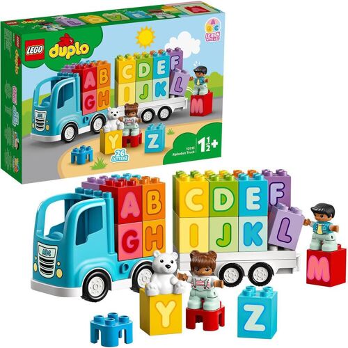 Ein LEGO Duplo Set mit bunten Alphabet-Blocks und einem blauen LKW.