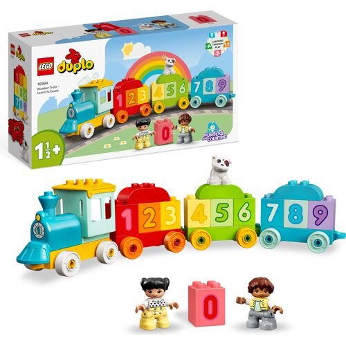 Bunter LEGO Duplo Zahlenzug mit Bauklötzen und Figuren vor Verpackung.
