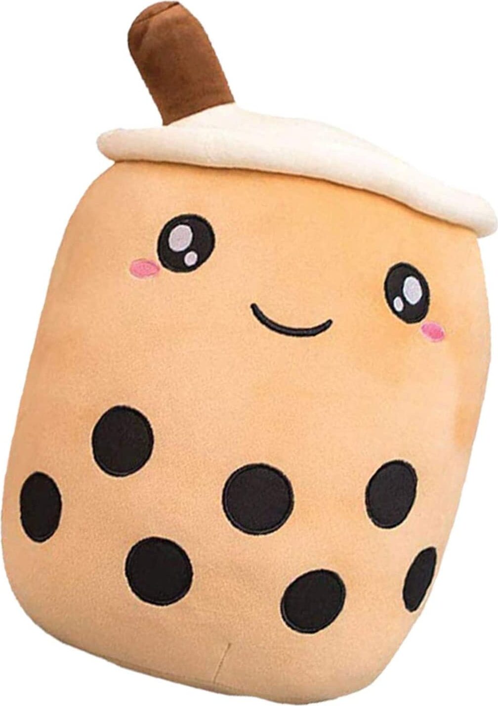 Kawaii-inspiriertes Boba-Tee-Plüschkissen mit freundlichem Gesicht und schwarzen Punkten.