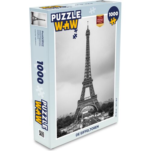 Puzzleverpackung des Eiffelturms mit 1000 Teilen, monochromes Bild auf Karton. Puzzleverpackung des Eiffelturms mit 1000 Teilen, monochromes Bild auf Karton.