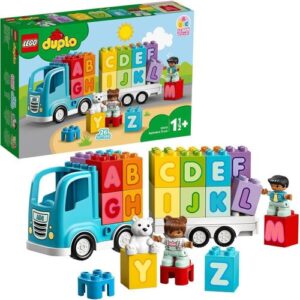 Ein LEGO Duplo Set mit bunten Alphabet-Blocks und einem blauen LKW.