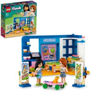 LEGO-Set mit buntem Kinderzimmer und zwei Figuren, Karton im Hintergrund