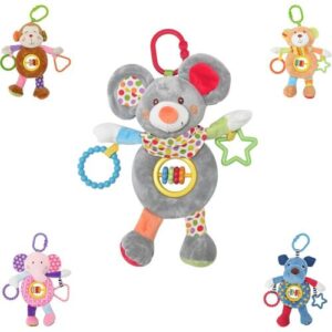 Buntes Stoffspielzeug in Tierform mit Rasseln und Beißringen