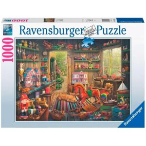Puzzle-Schachtel mit einer farbenfrohen Illustration eines antiken Spielzeugladens.