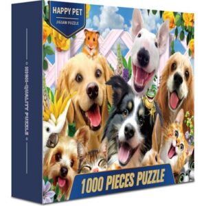 Puzzle-Verpackung mit lächelnden Tieren und Blumen, 1000 Teile, fröhliches Design.