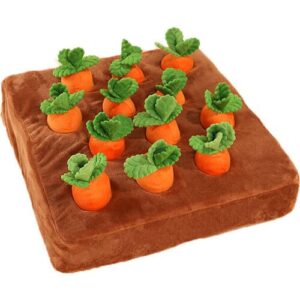 Plüschkissen mit zwölf orangefarbenen Karotten und grünen Blättern auf braunem Untergrund.