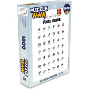 Puzzle mit 1000 Teilen, zeigt verschiedene Lebensmittelillustrationen auf der Verpackung.