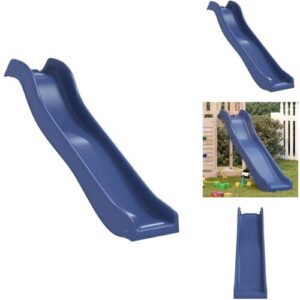 Blaue Kunststoffrutsche mit geschwungenem Design, teils in Außenbereich montiert.