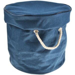 Blauer Stoffkorb mit Seilgriff und rundem Deckel.