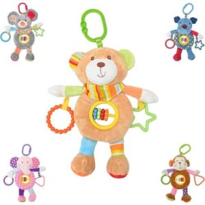 Fünf bunte Plüschspielzeuge in Tierform mit Rasselringen und Clips zum Aufhängen.