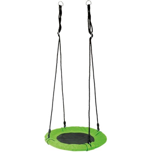 Grüne Rundschaukel mit schwarzen Seilen und Metallringen zum Aufhängen. Grüne Rundschaukel mit schwarzen Seilen und Metallringen zum Aufhängen.