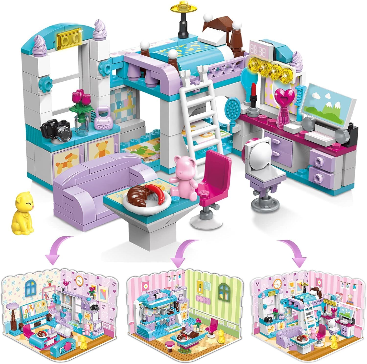 Buntes Bausteinspielzeug zeigt detailliertes Kinderzimmer mit Hochbett und Dekorationen.