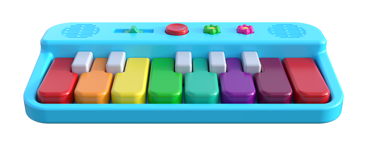 Buntes Spielzeug-Klavier mit farbigen Tasten und blauer Basis.