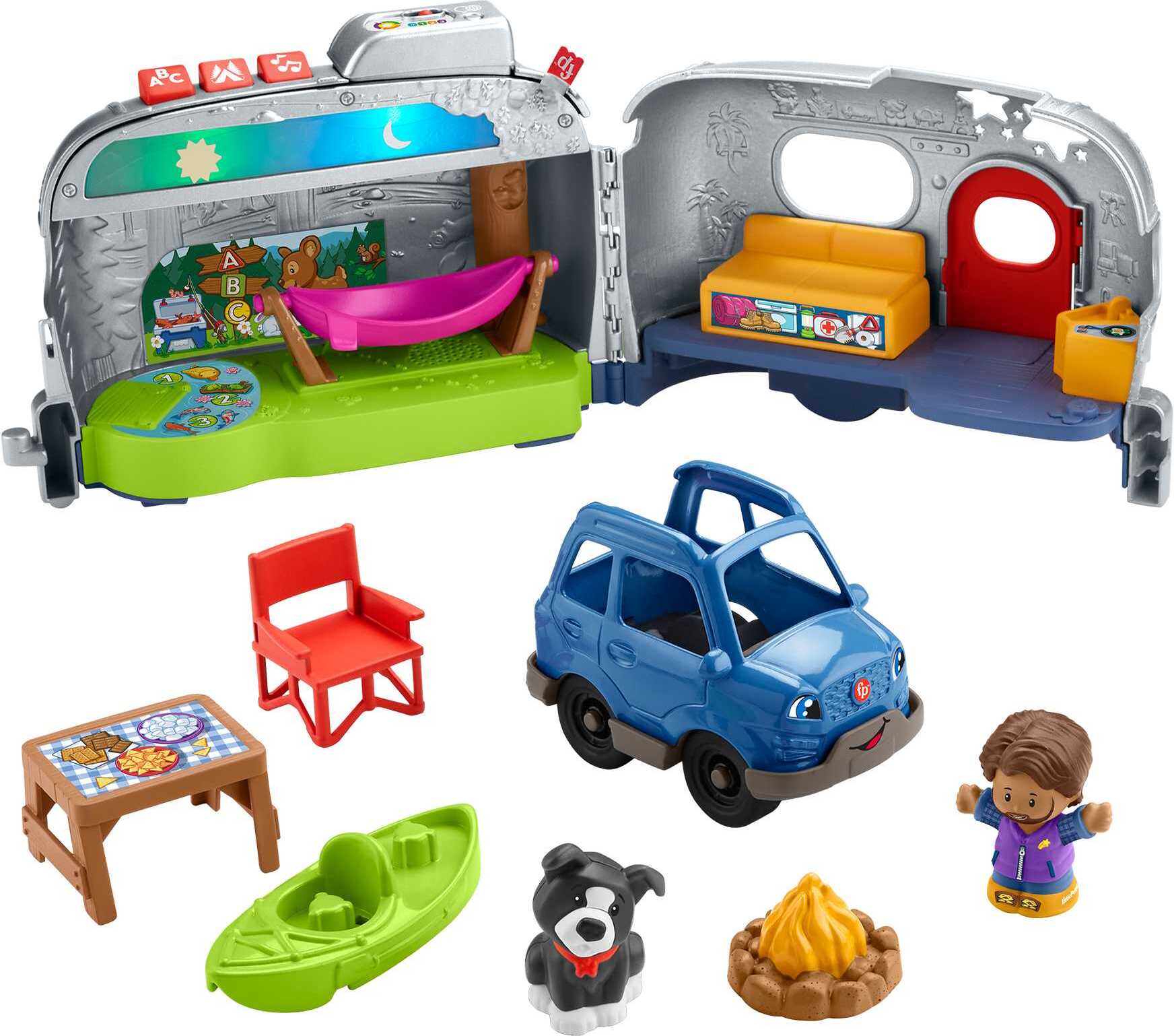 Spielzeug-Wohnwagen mit Zubehör, Spielfiguren, Auto, Tisch, Stuhl und Lagerfeuer.
