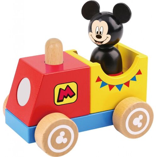 Buntes Holzspielzeugauto mit Mickey-Figur auf Holzrädern.