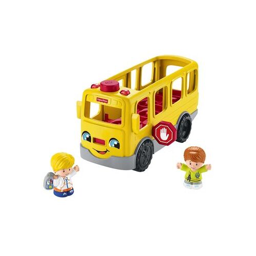 Gelber Spielzeugbus mit roten Elementen und zwei Plastikfiguren auf einem weißen Hintergrund.
