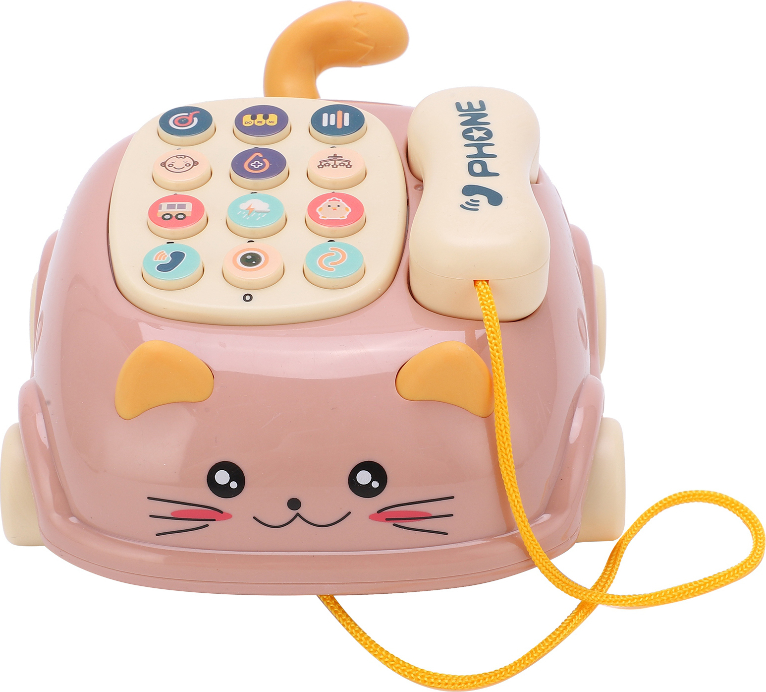 Ein rosa Spielzeugtelefon in Katzenform mit Tasten und gelbem Ziehband.