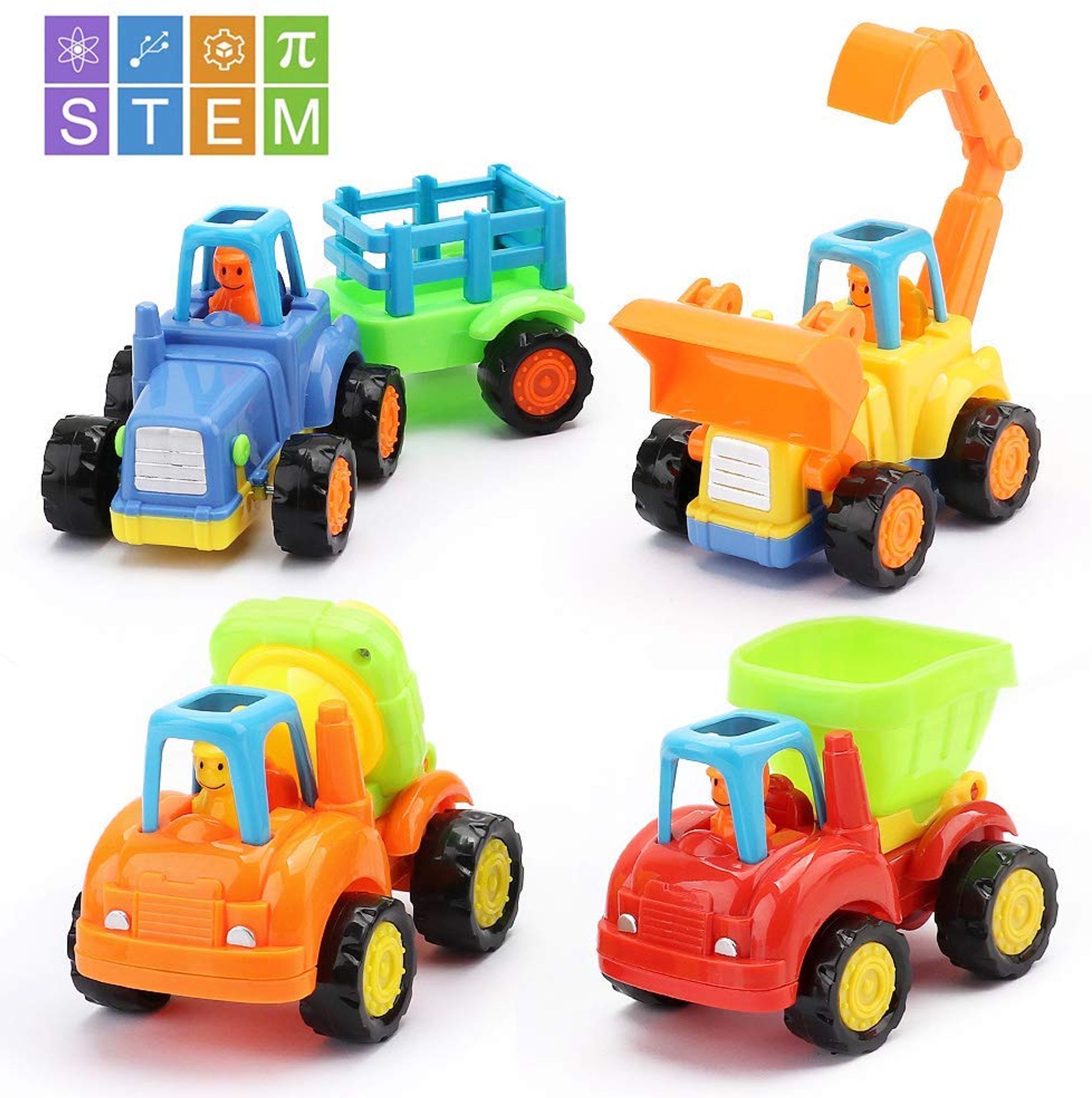Vier bunte Spielzeugfahrzeuge inklusive Bagger und Traktor vor weißem Hintergrund.