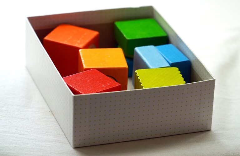Sechs bunte Holzquader in einer kleinen weißen, gepunkteten Box.