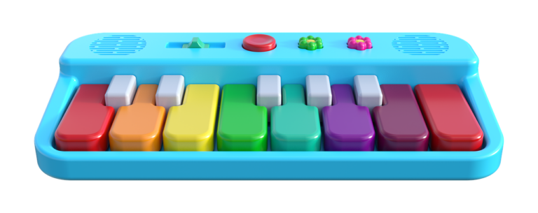 Buntes Spielzeug-Klavier mit farbigen Tasten und blauer Basis.