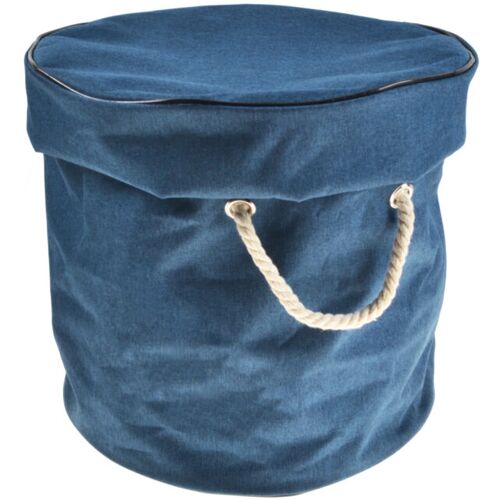 Blauer Stoffkorb mit Seilgriff und rundem Deckel. Blauer Stoffkorb mit Seilgriff und rundem Deckel.