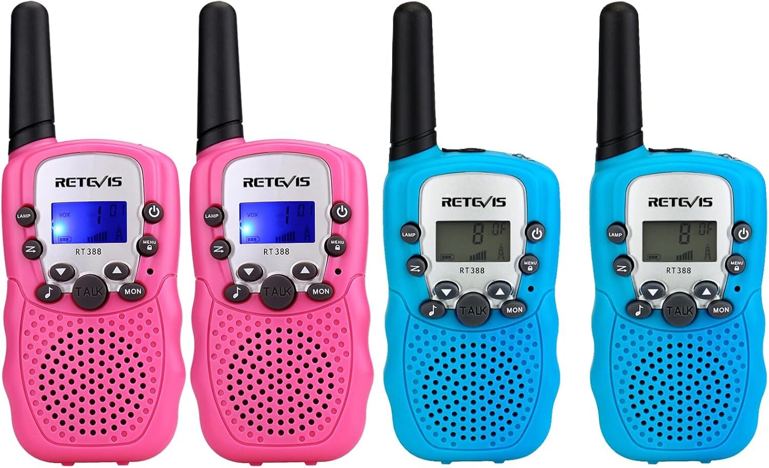 Zwei pinke und zwei blaue Walkie-Talkies mit Display und Bedienelementen.