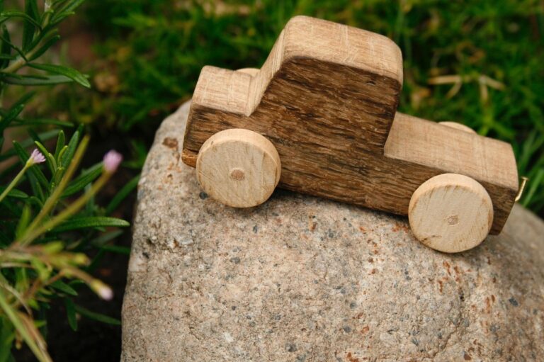 Holzspielzeugauto auf einem Felsen mit grüner Natur im Hintergrund.